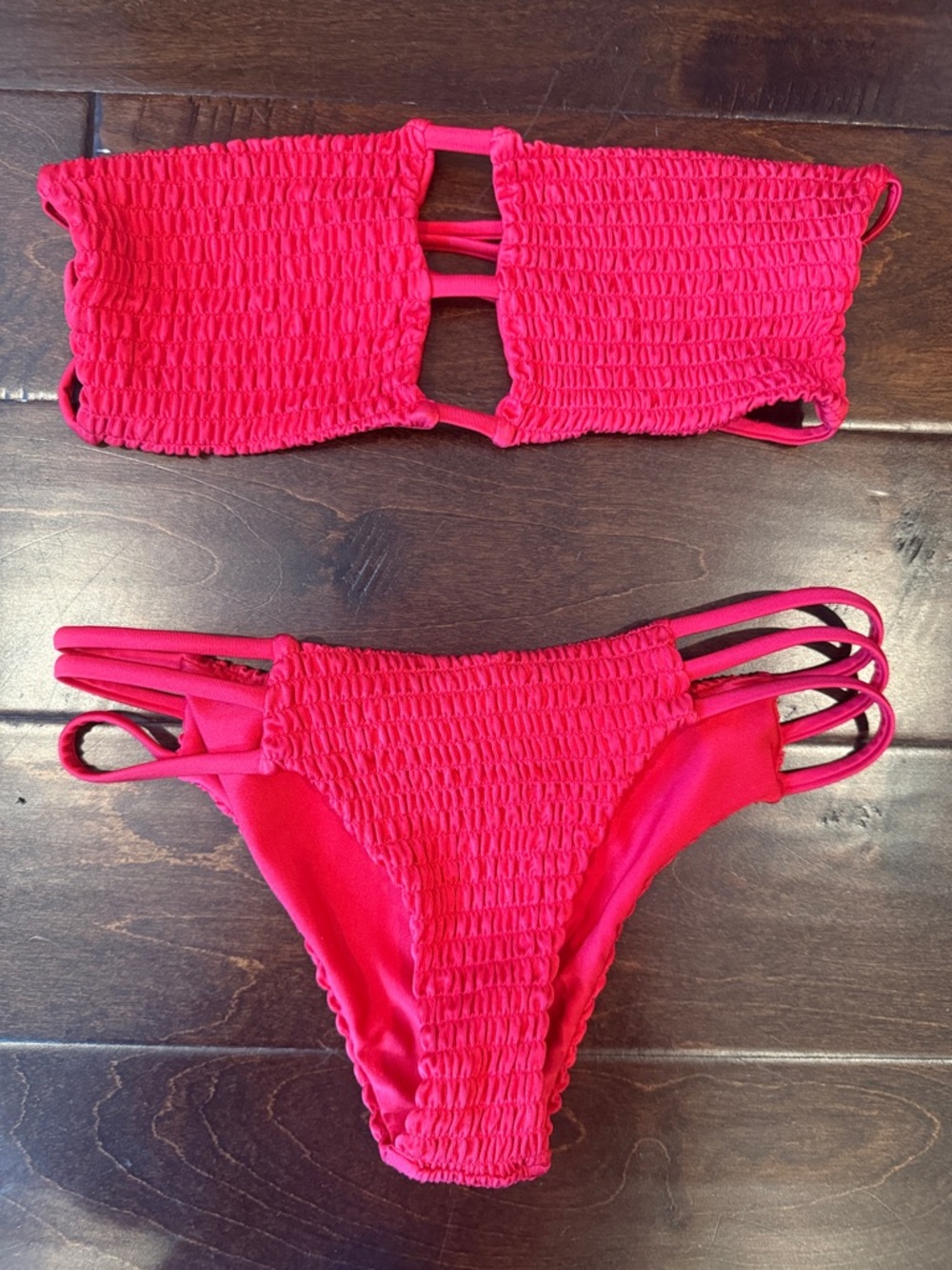 Smocked Strappy Bikini Set in Bright Red- small